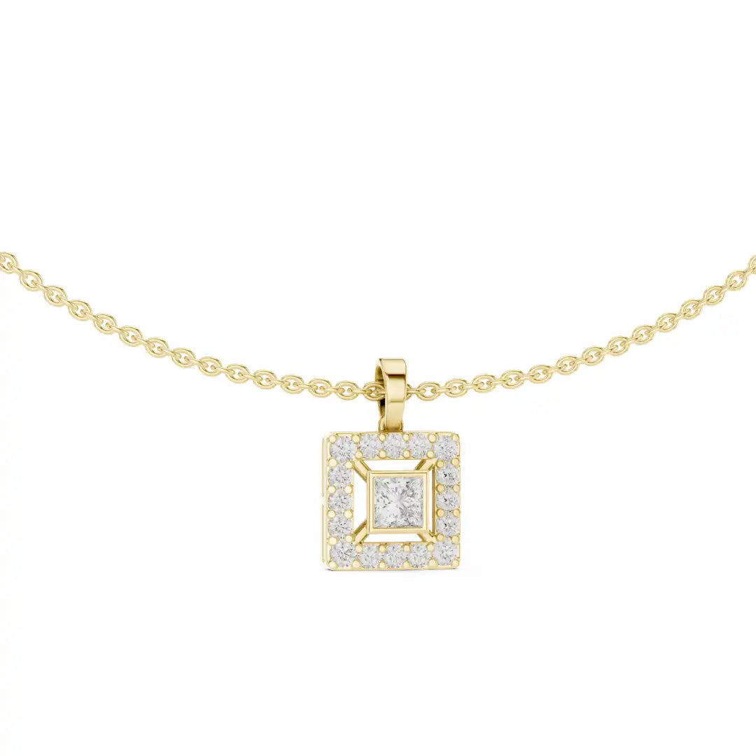 Princess Cut Diamond Bezel & Halo Charm Necklace