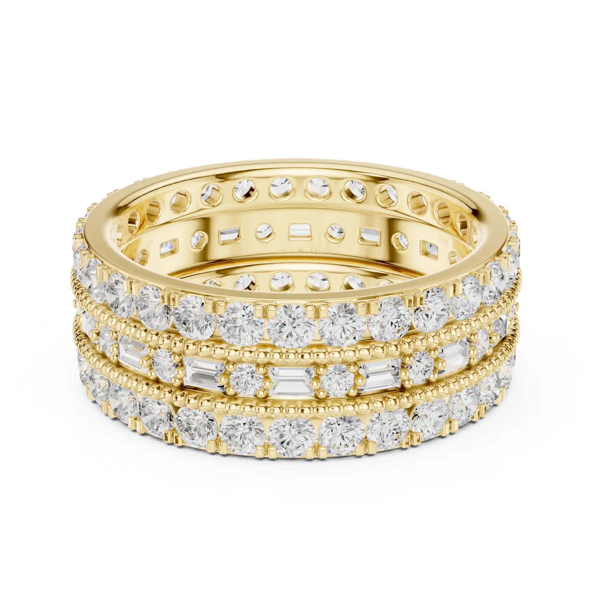 Lab Grown Diamond Triple-Row Eternity Ring - Emerald & Round Mixed Stack | Elyon