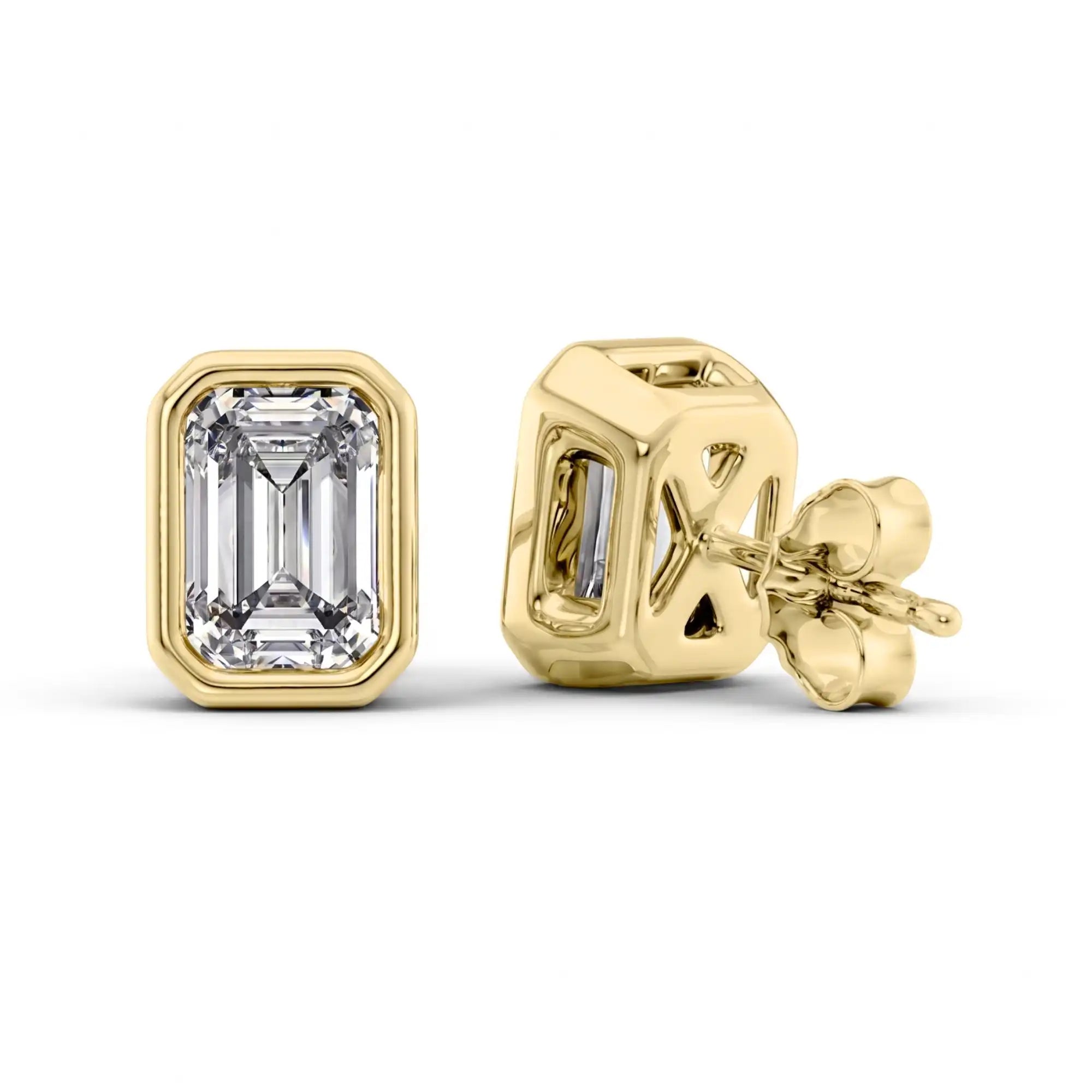 Bezel Set Emerald Cut Lab Grown Diamond Stud Earrings | Doina