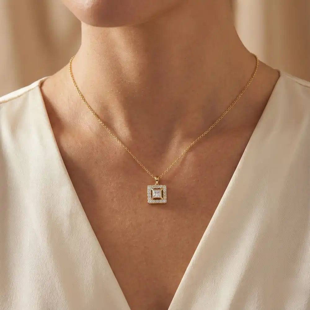 Princess Cut Diamond Bezel & Halo Charm Necklace | Sappho