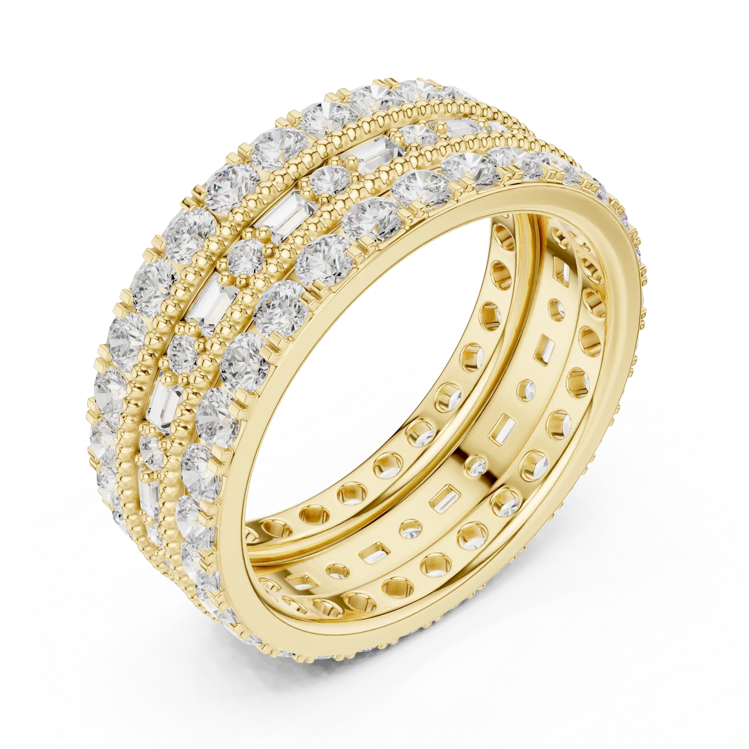 Lab Grown Diamond Triple-Row Eternity Ring - Emerald & Round Mixed Stack | Elyon