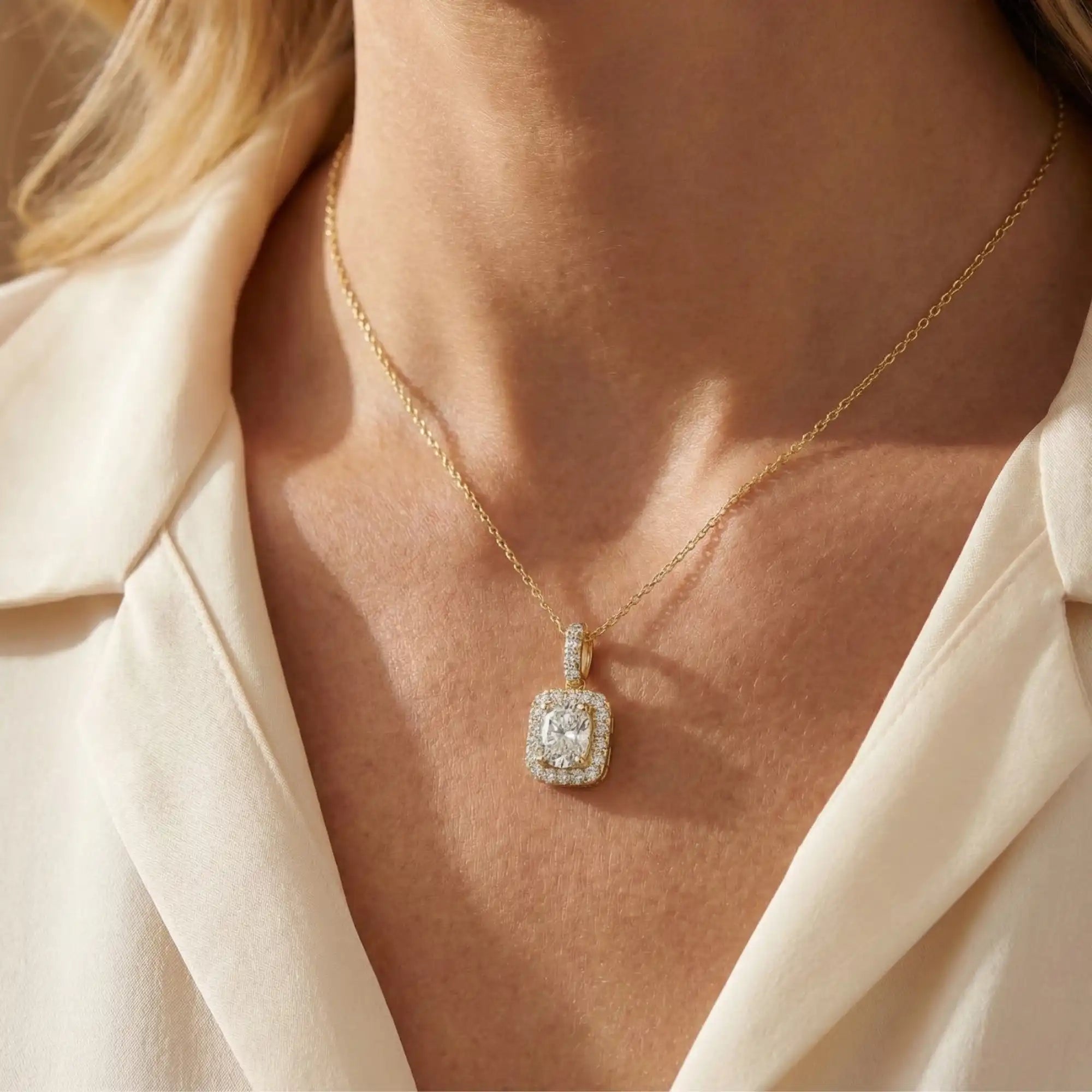 Elongated Cushion Cut Lab Grown Diamond Halo Necklace | Lumi