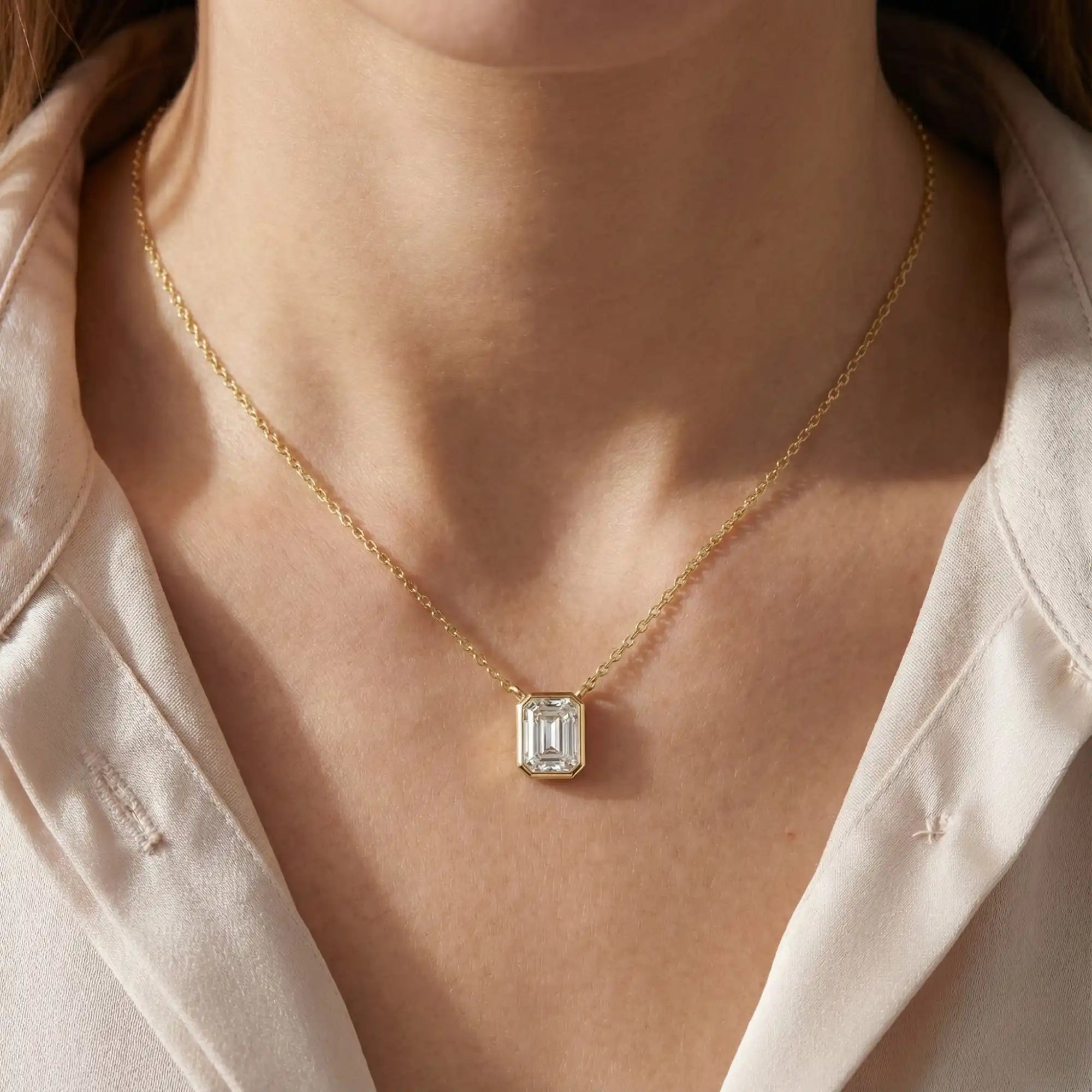 Emerald Cut Lab Grown Diamond Bezel Necklace | Nova