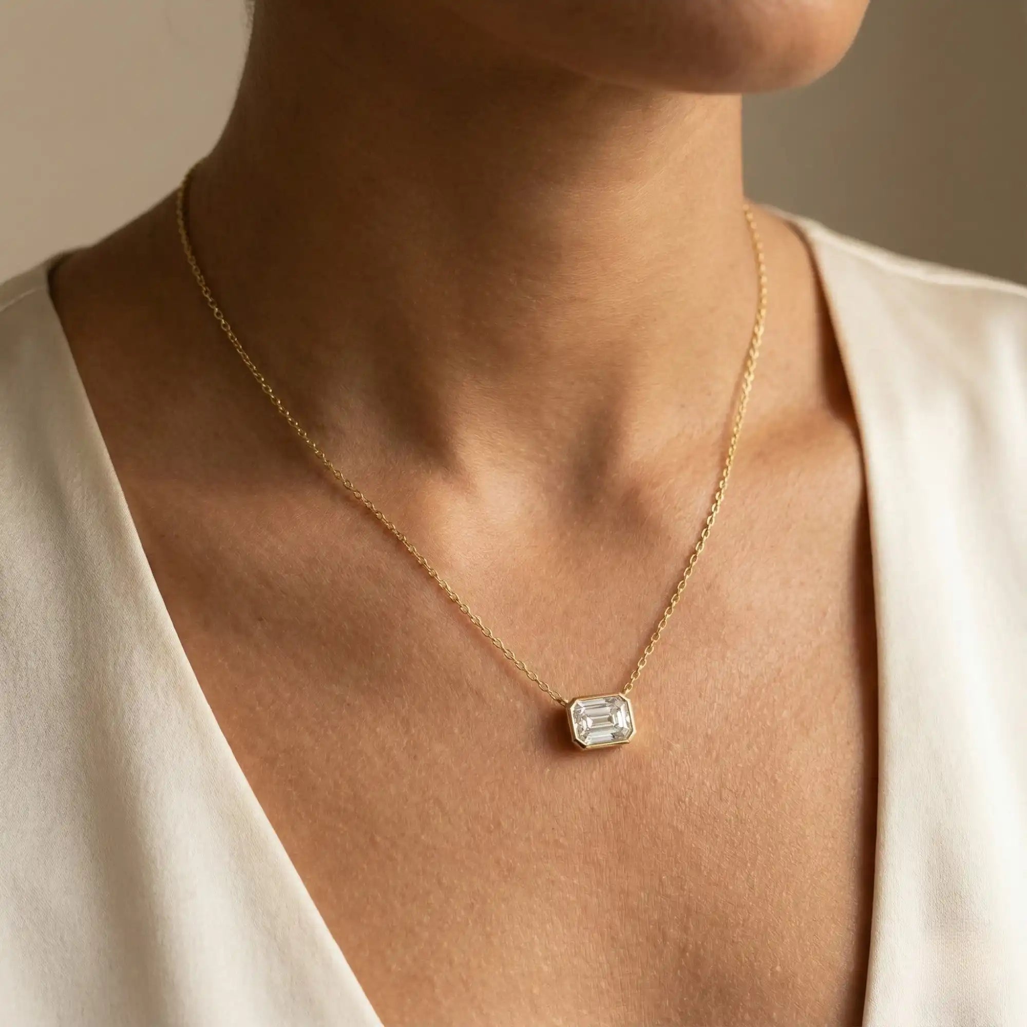 Emerald Cut Lab Grown Diamond East-West Bezel Necklace | Nyla