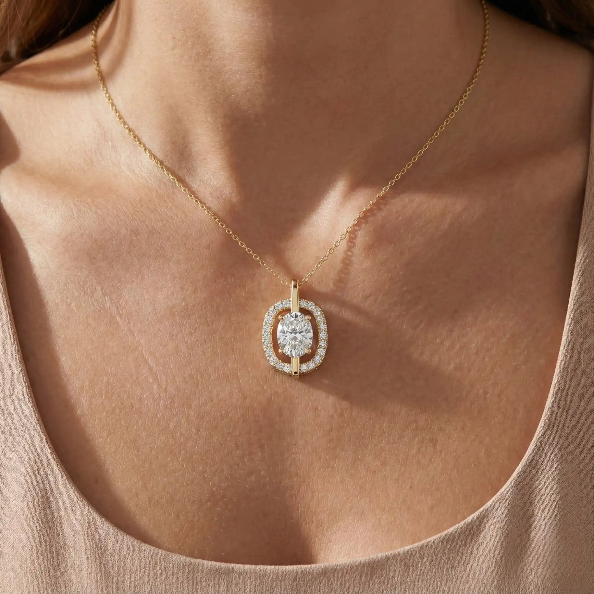 Oval Cut Lab Grown Diamond Halo Necklace | Ira