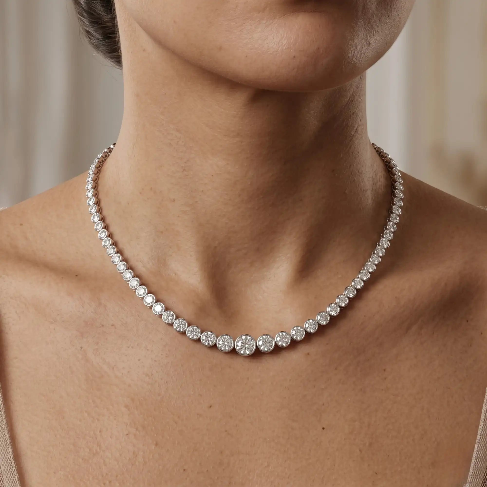 Round Bezel Set Graduated Lab Grown Diamond Tennis Necklace | Indigo
