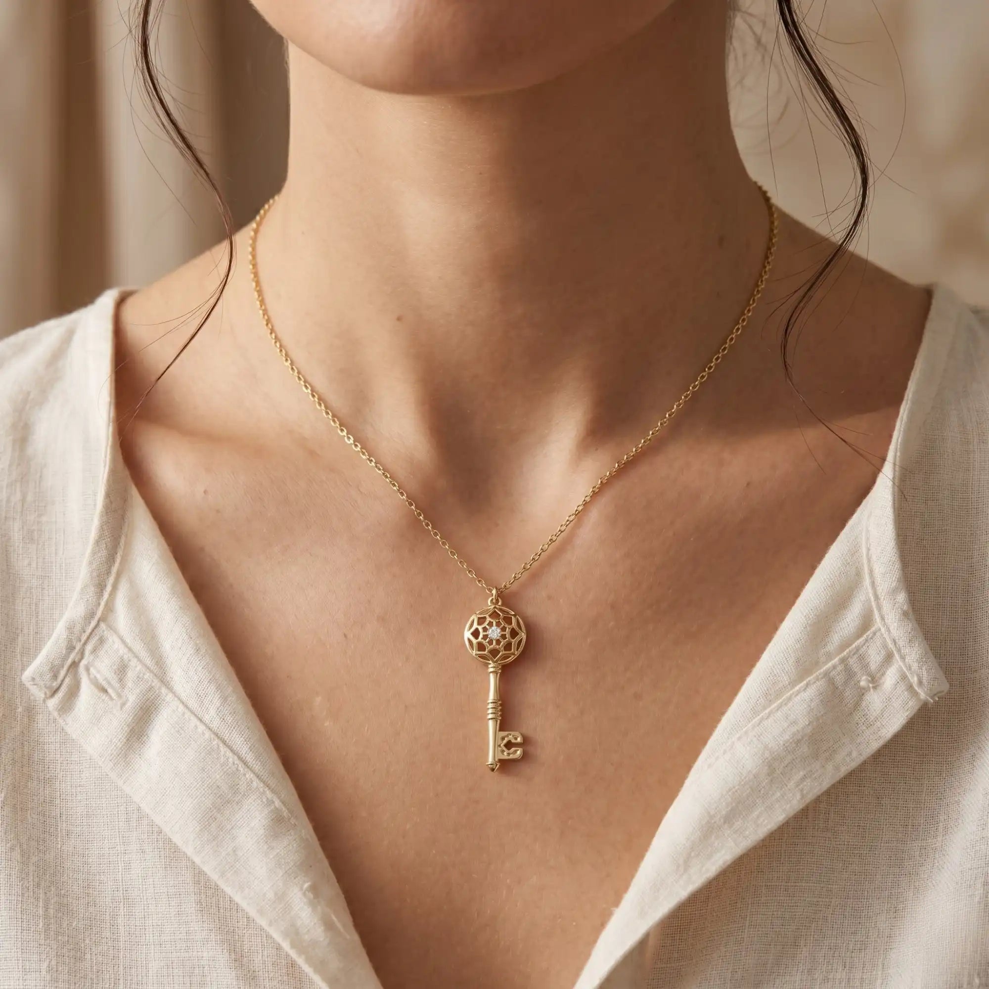 Geometric Key Diamond Charm Necklace | Unlocking Eternal Beauty - Aria