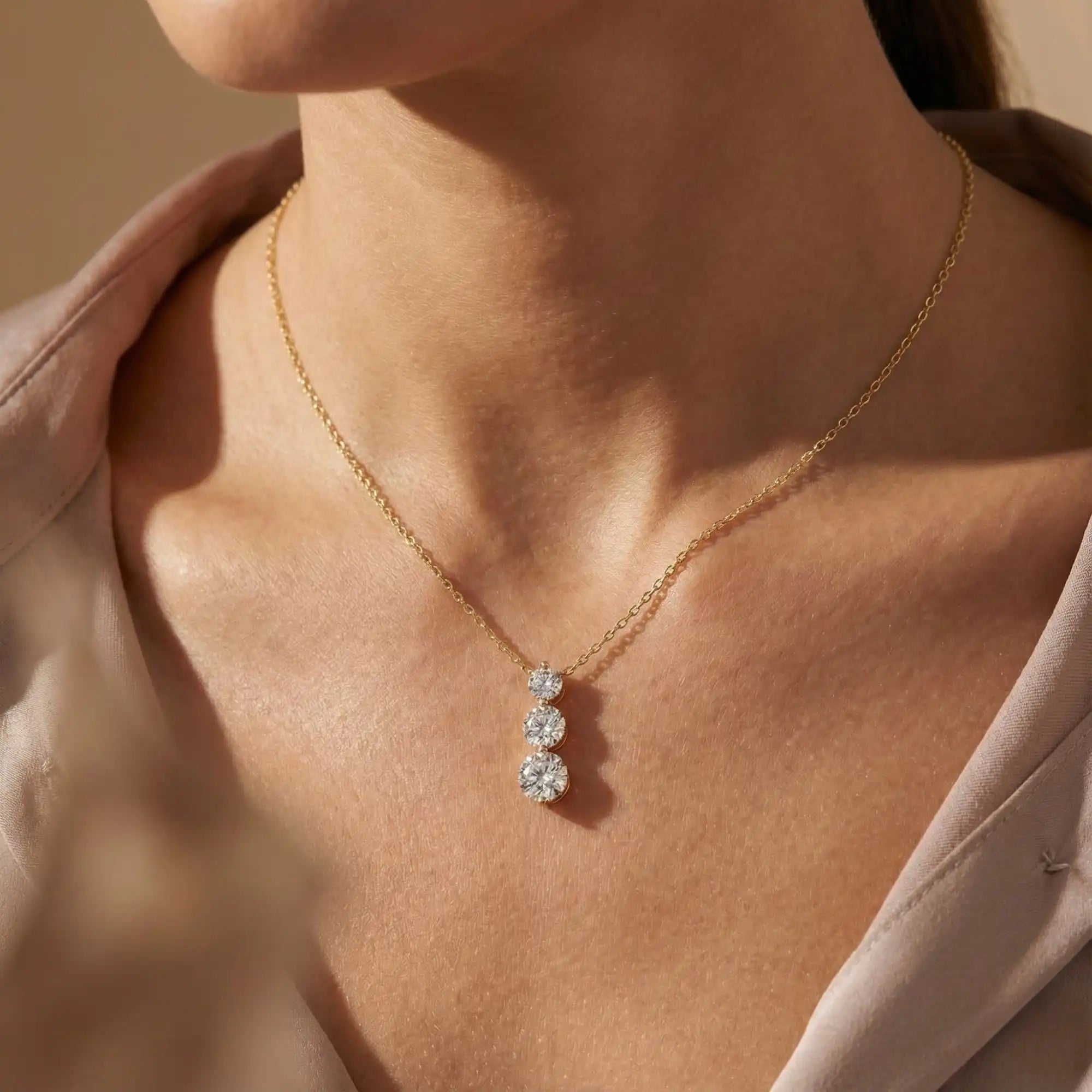 Round Lab Grown Diamond Drop Necklace - Three Stone Graduated Design | Dusk