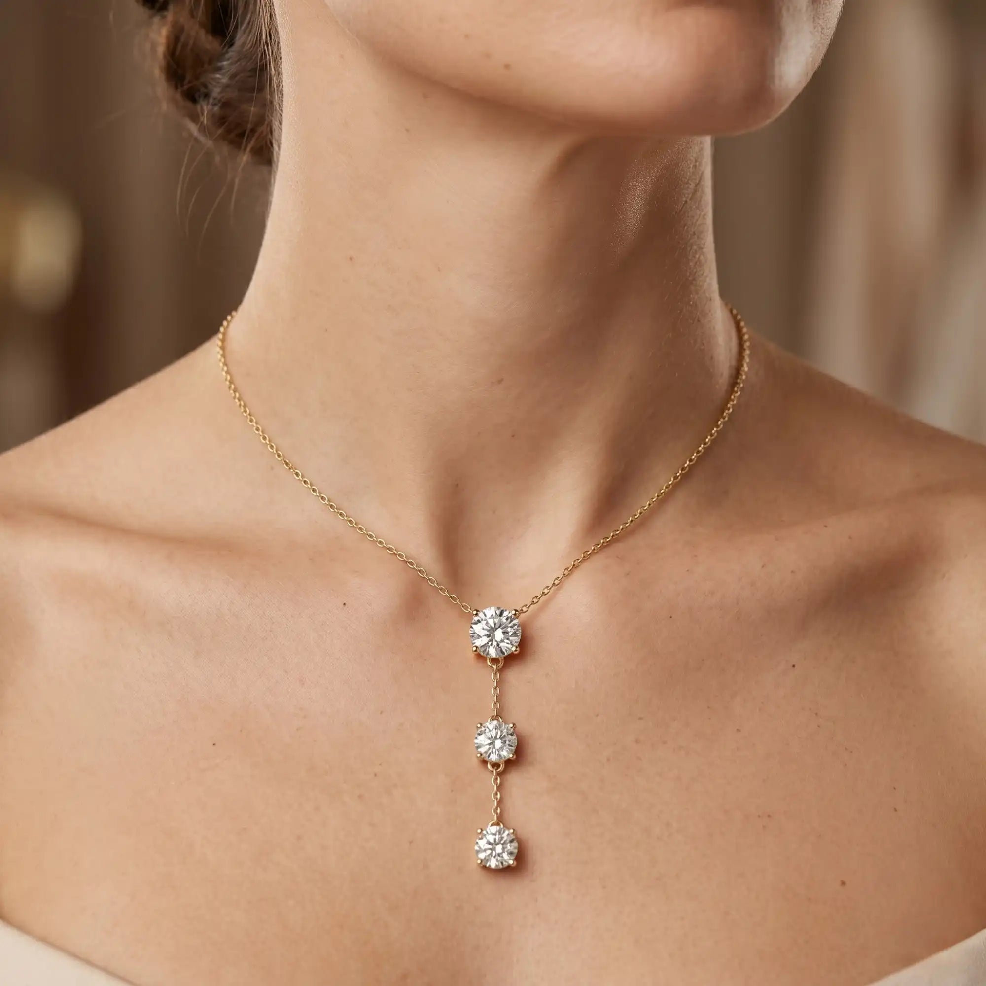 Three-Stone Drop Round Lab Grown Diamond Necklace | Brillia