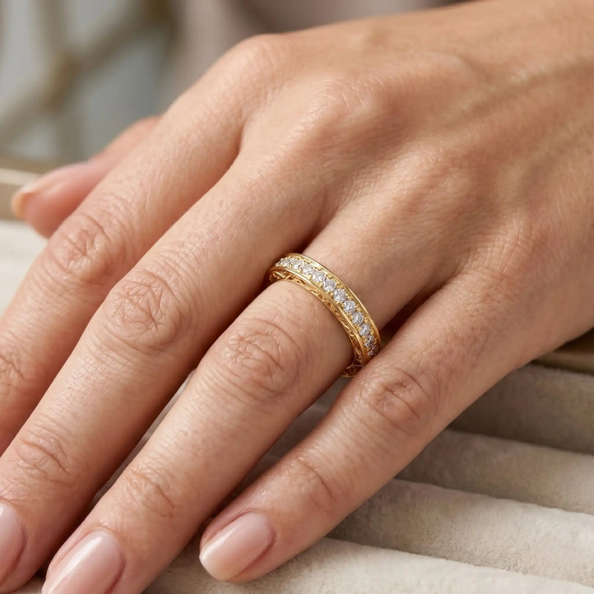 Modern Unisex Lab Grown Diamond Eternity Ring - Side Carved Design | Trayi