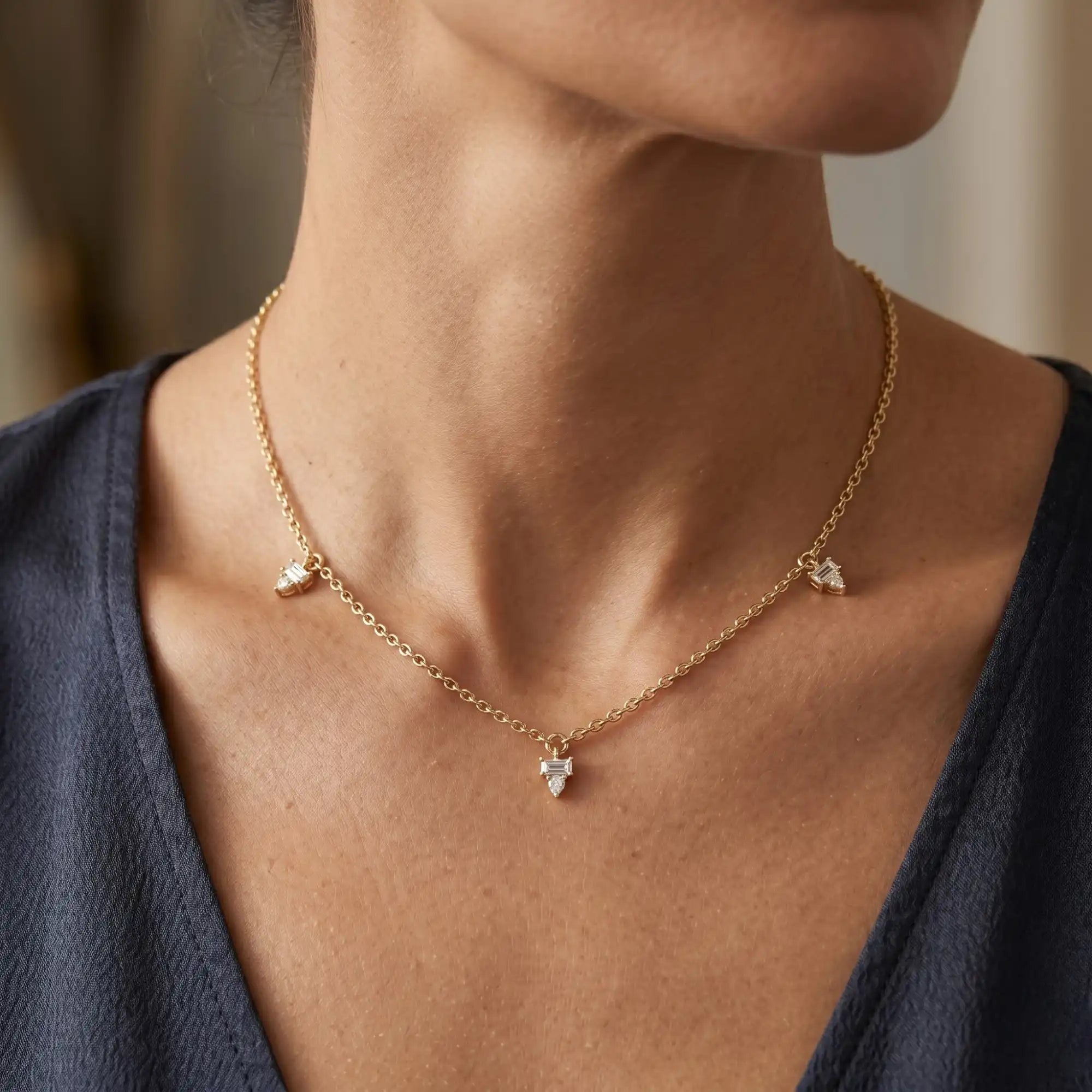 Baguette & Round Diamond Station Necklace | Mirael