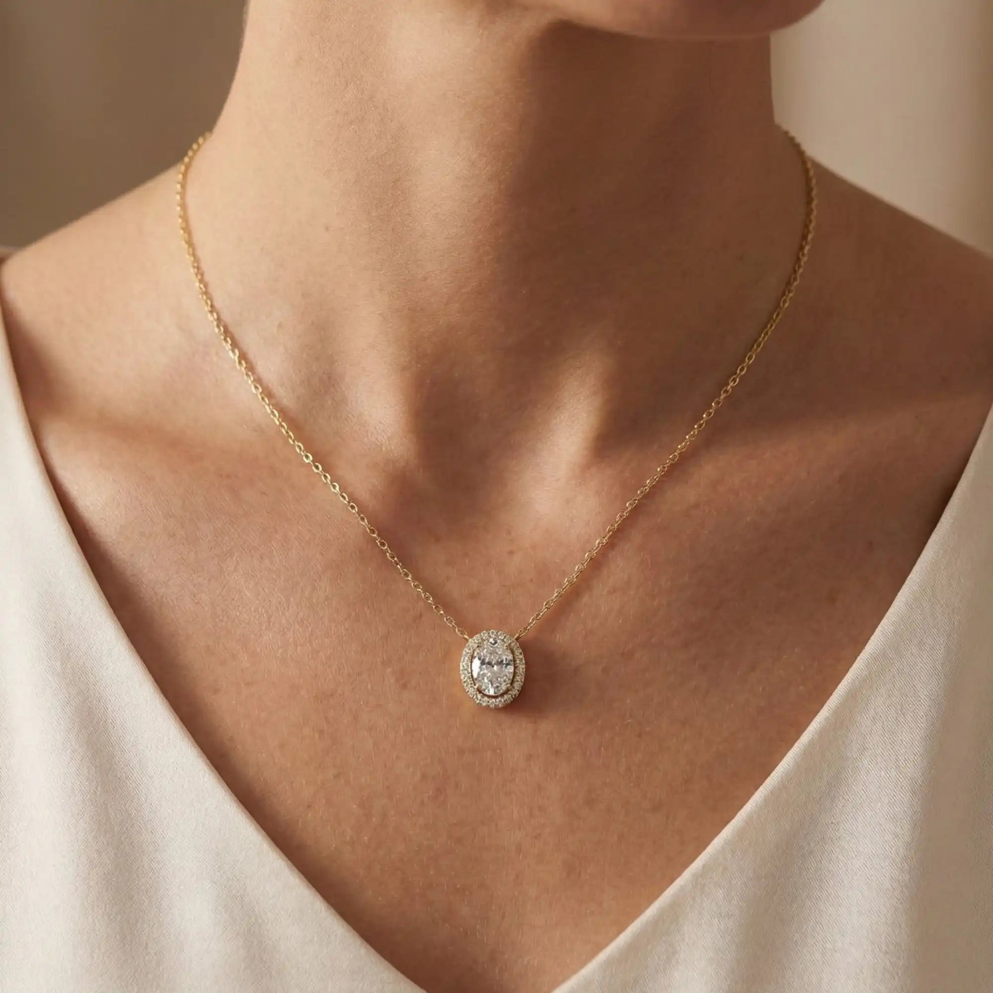 Oval Cut Lab Grown Diamond Halo Necklace | Delphine