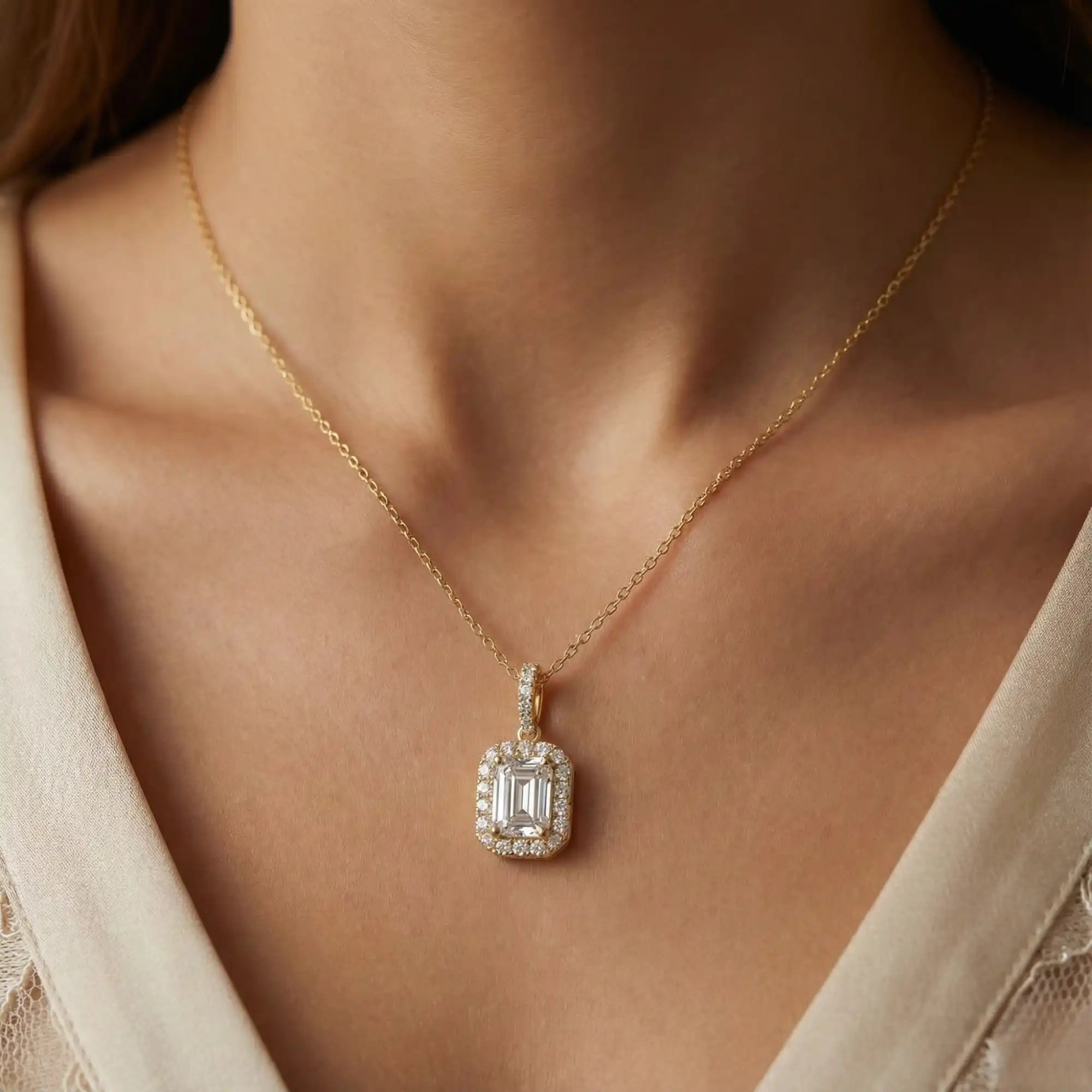 Emerald Cut Lab Grown Diamond Halo Necklace | Liora