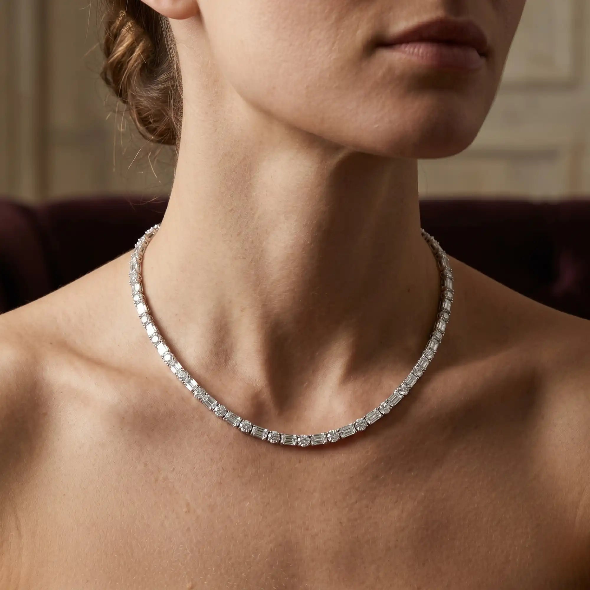 Emerald & Round Lab Grown Diamond Tennis Necklace | Soleia