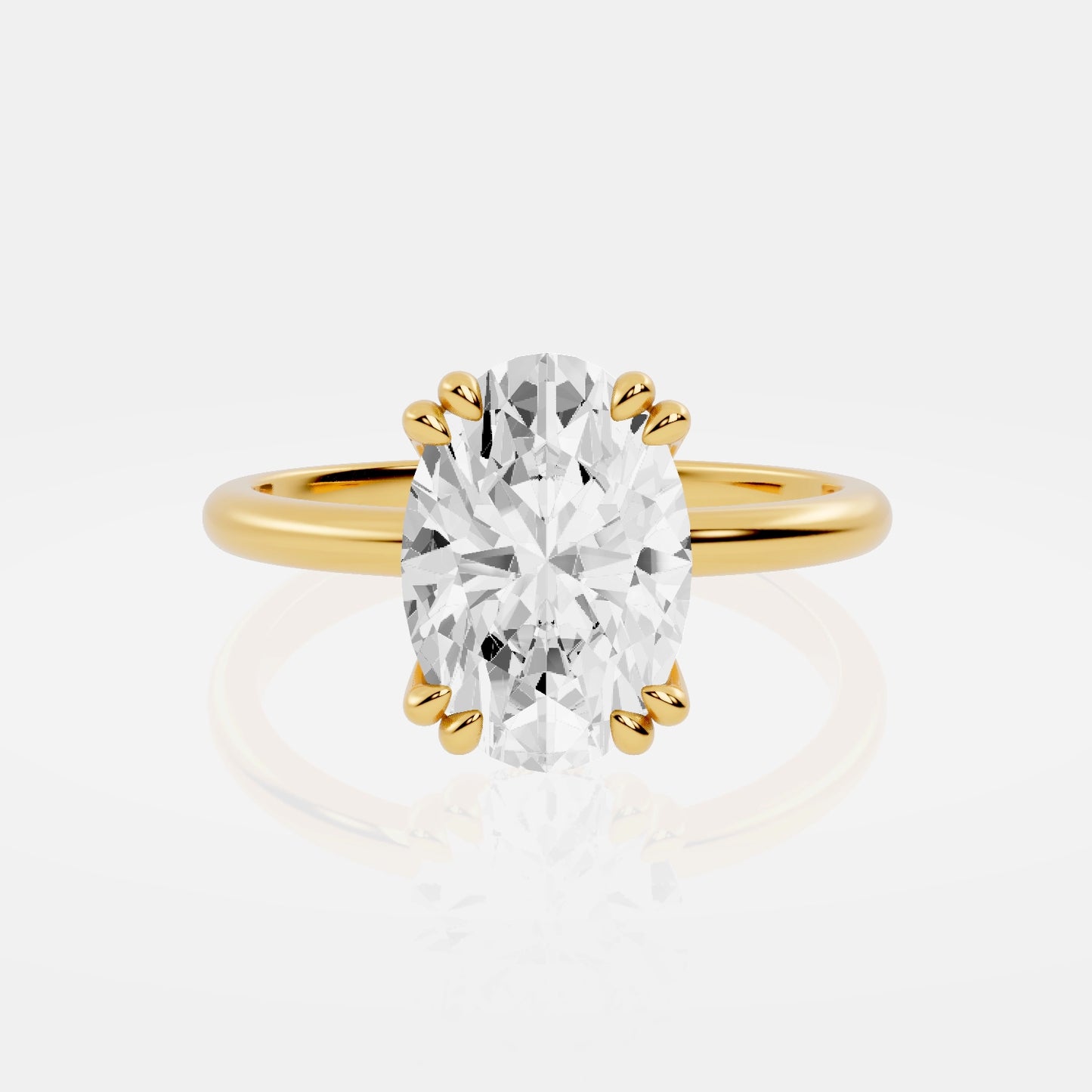 Gold ring with a large diamond on a light gray background